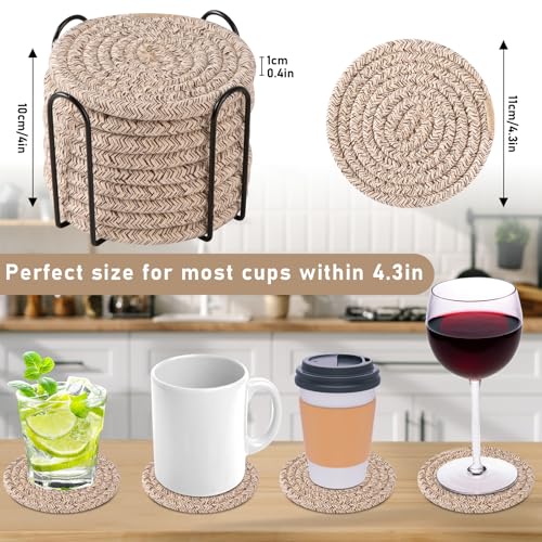 OIAHOMY 10 Pcs Brown Cotton Woven Coasters with Holder, 4.3"
