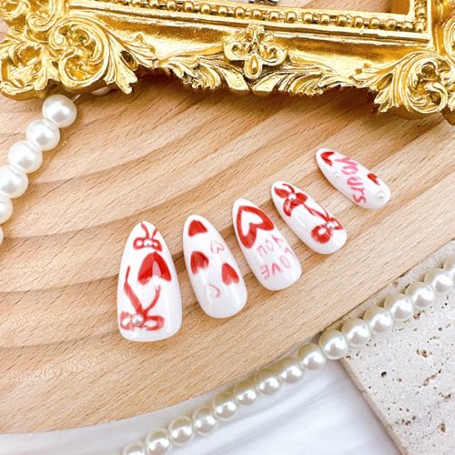 Valentines Press on Nails Medium Almond Fake Nails with Pearls and Bows
