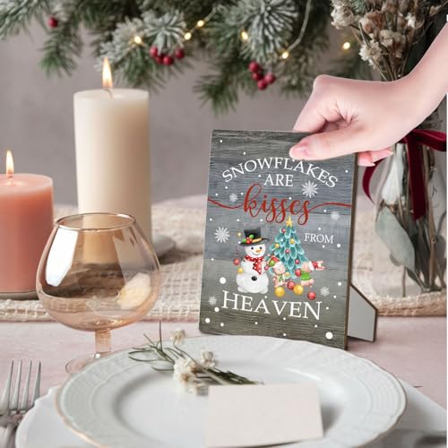 Christmas Snowman Decor Sign with Snowflakes - 5x7 Inch Wooden Winter Holiday Home Office Table Display Variation of Snowflakes