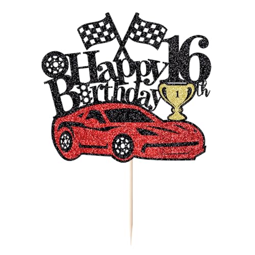 Racing Car 16th Birthday Cake Topper - Checkered Flag Theme