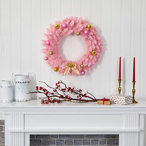 Pink Artificial Christmas Wreath with Pre-Lit LEDs - 24 Inch Holiday Decor