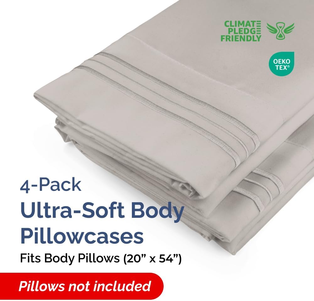 Skiennix Body Pillowcases Set of 4 | Soft, Breathable 20x54 Long Pillow Covers for Side Sleepers - Light Grey