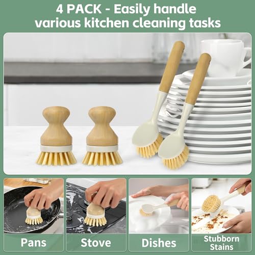 ÖkoStamm 4-Piece Bamboo Kitchen Dish Scrub Brush Set with Built-in Scraper
