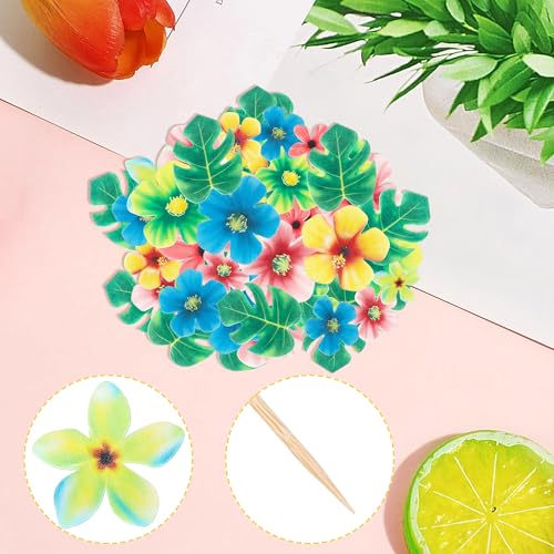 83 PCS Edible Tropical Palm Leaves & Hawaii Flowers Cupcake Toppers - Design 14