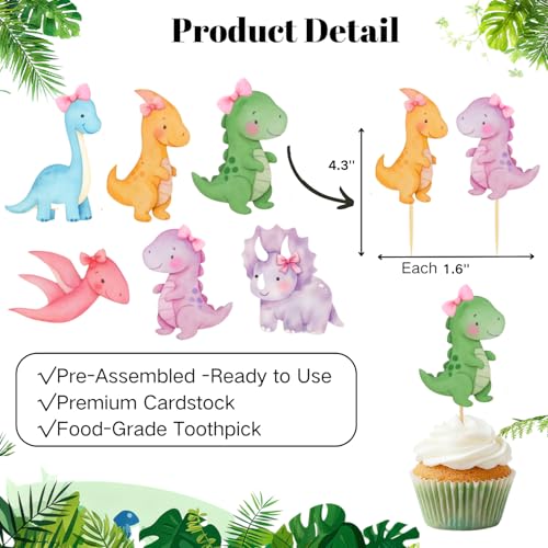 Pink Dinosaur Cupcake Toppers 36 Pcs for Girl's Birthday & Baby Shower
