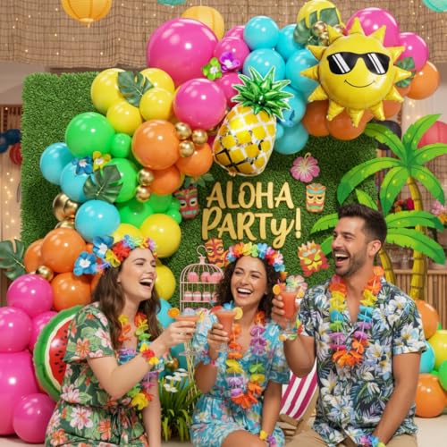 Tropical Hawaiian Balloon Garland Arch Kit - 152pcs Hot Pink Orange Yellow