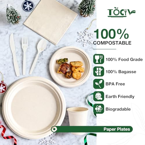 350PCS Compostable Paper Plates and Napkins Cups 10 & 7 Inch Disposable Heavy Duty Dinner Dessert Sturdy Plates and Utensils (Serve 50) Party Supplies Eco-friendly Dinnerware Set for Birthday Holiday