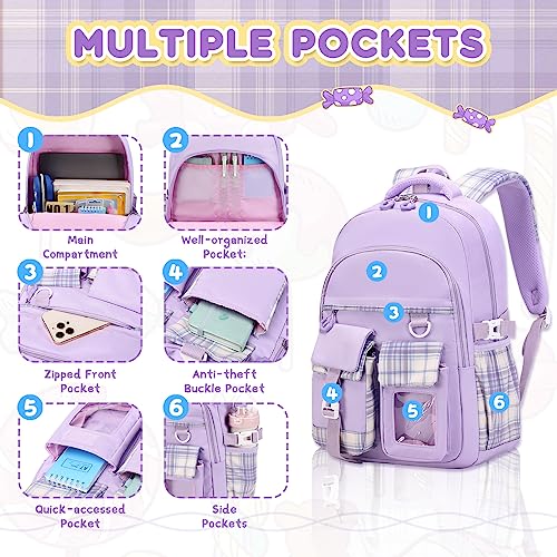 Kawaii Girls School Backpack with Luggage Strap - Purple, Lightweight