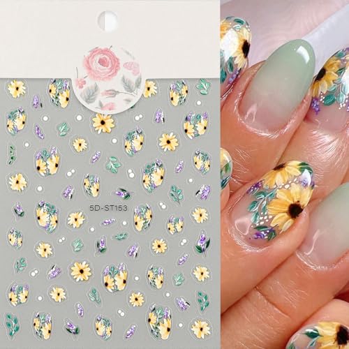 MIXFOSAHN 3D Floral Nail Stickers Set - Colorful Flower Decals for Nail Art (8 Sheets)