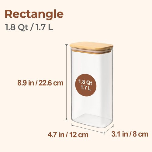 ComSaf Glass Storage Containers - 1.8 Qt Rectangle Jars with Bamboo Lids | Clear Food Storage for Pantry Essentials