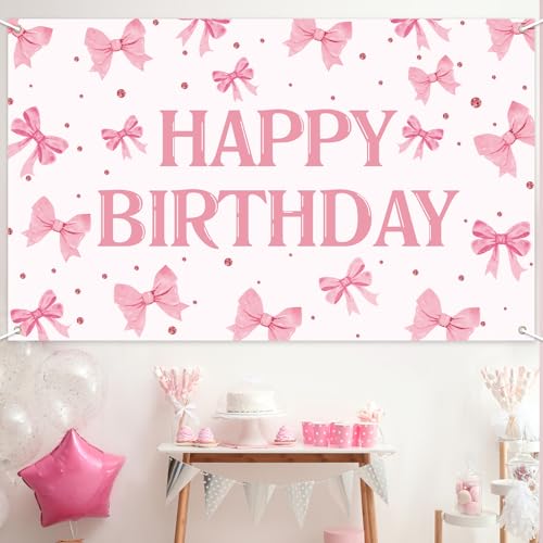 Pink Bow Happy Birthday Backdrop Banner - 71 x 43 Inch Fabric Decor