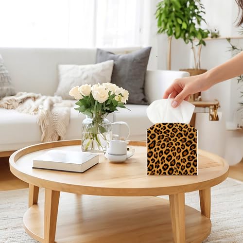 Leopard Print Tissue Box Cover Leather Square Dispenser for Home & Office - LTazhyi