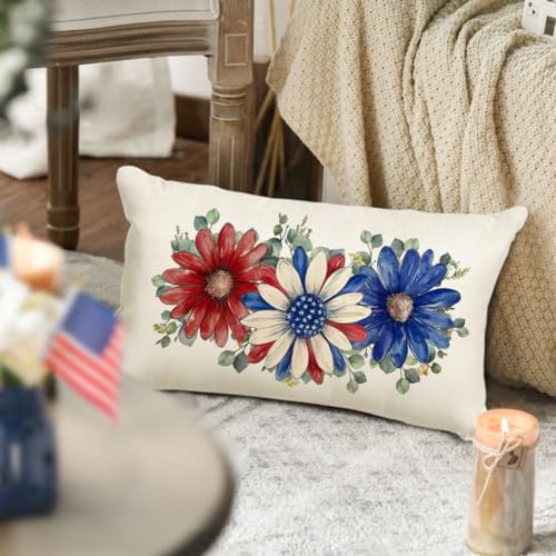4th of July Patriotic Pillow Cover 12x20 - Red White Blue Decor