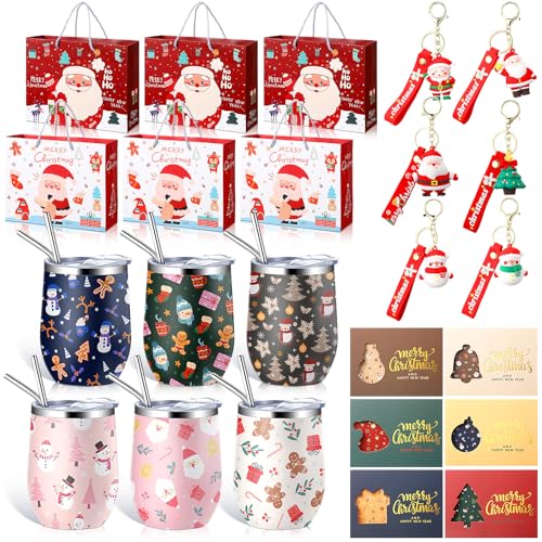 Funny Christmas Gift Set for Coworkers - 6 Sets with Wine Tumblers, Keychains & Cards