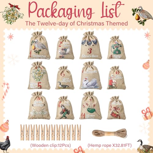 12Pcs 12 Days Christmas Countdown Advent Calendar Bags Classic - Reusable Burlap Holiday Decor