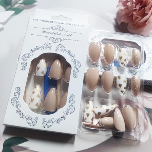 Gold Foil Heart Almond Press on Nails Glossy Glitter Fake Nails