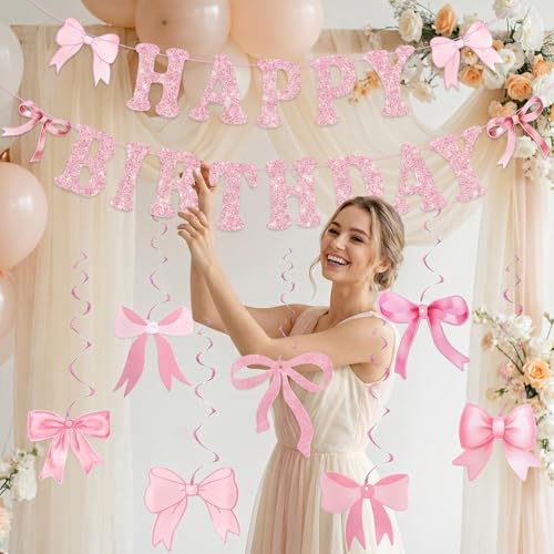 Pink Bow Birthday Banner Set with Happy Birthday Decorations