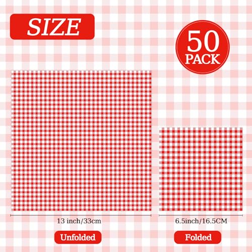 Red Gingham Paper Napkins 50 Pcs Disposable Checkered Luncheon Towels for Parties