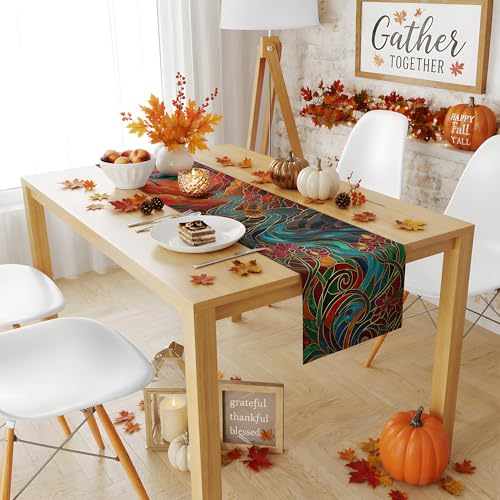 OHOME Fall Flower Stained Glass Table Runner - 73x13.8in Autumn Decor