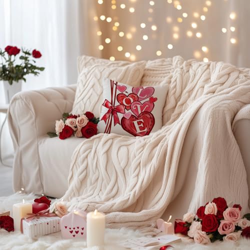 Valentine's Day Pillow Cover 18x18 Inch Red Heart Bow Print