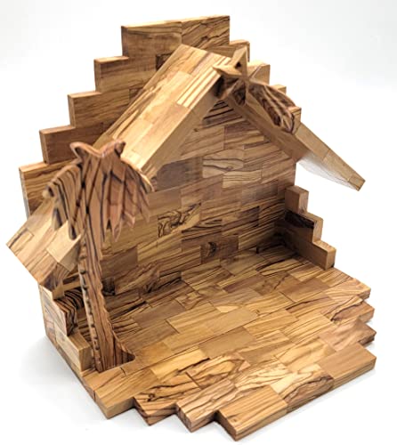 Olive Wood Nativity Stable - Handmade Bethlehem Christmas Decor 10.5x8.4x6.4 Inches