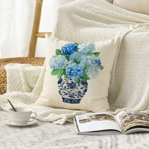 Chinoiserie Floral Throw Pillow Cover 18x18 - Blue & White