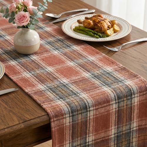 Rust Farmhouse Table Runner 13x72 Inch - Fall Plaid Home Decor, Durable Polyester