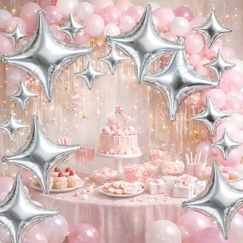 14-Pack Silver Star Foil Balloons - 26 & 10 Inch Party Decor