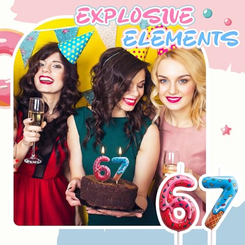 67 Meme Birthday Candle - Dripping Donut Ice Cream Cake Topper, Blue & Pink