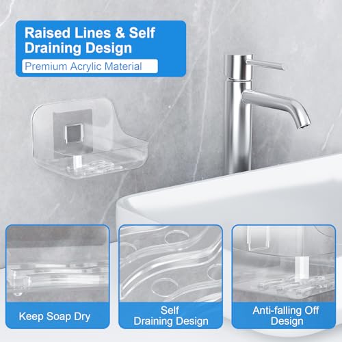 FEPTUASE 2-Pack Acrylic Soap Dishes with Self-Draining Design, No Drilling Wall Mount