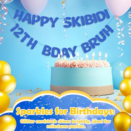 Happy Skibidi 12th Bday Bruh Glitter Banner Dark Blue Party Decoration
