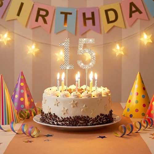 15th Birthday Cake Topper with Rhinestones - Elegant Gold Decoration