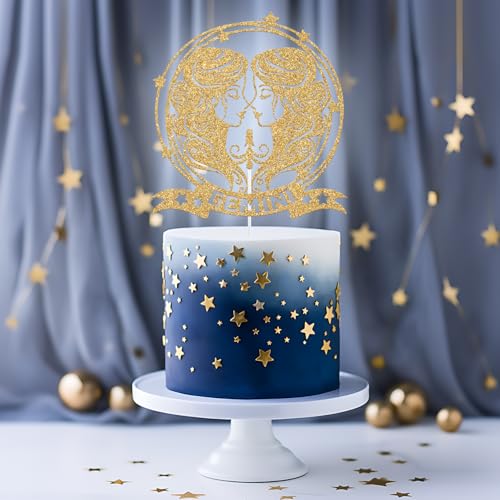 Gold Glitter Gemini Cake Topper for Zodiac Birthday Parties