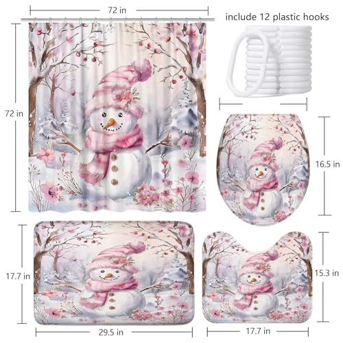 Pink Snowman Christmas Shower Curtain Set with Bath Mats and Toilet Cover