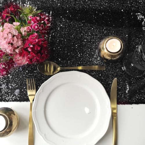 Black Sequin Table Runner 12x72 Inches - 6 Pack, Elegant Party Decor
