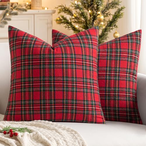 Christmas Plaid Pillow Covers 18x18 inches Pack of 2 Red Scottish Tartan