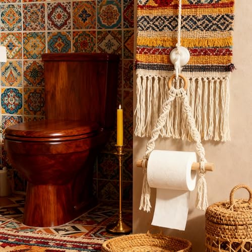 Macrame Toilet Paper Holder - Boho Wall-Mounted Bathroom Roll Storage