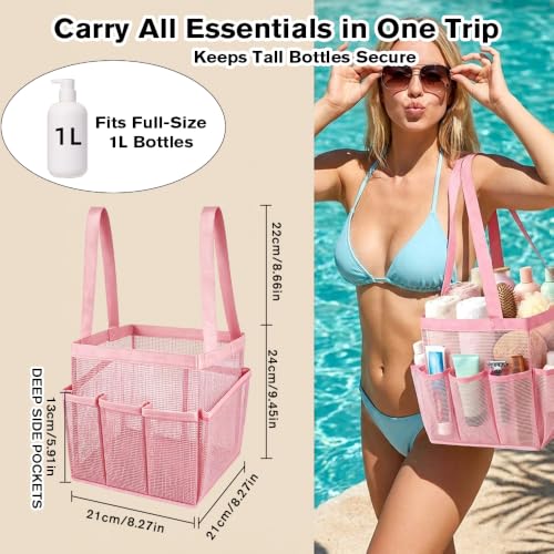 Portable Mesh Shower Caddy with 9 Pockets - Quick Dry Tote Bag for Dorm & Travel (Pink)