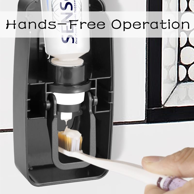 Black Toothbrush Holder & Automatic Toothpaste Dispenser Set, Hands-Free Bathroom Organizer