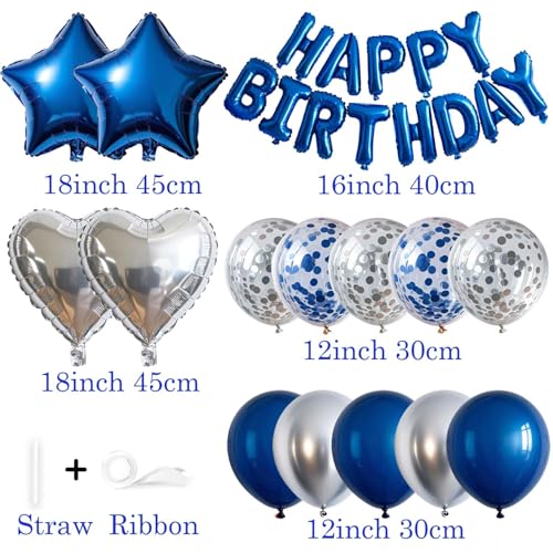 WEIKA Blue Silver Birthday Decorations Kit with 3D Letter Balloons & Foil Balloons