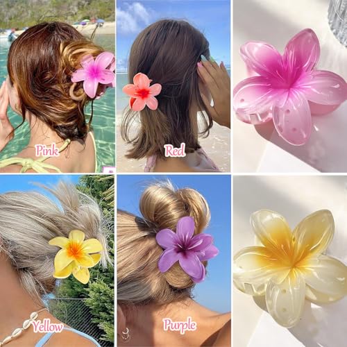 EONFAVE Hawaiian Flower Hair Claw Clips 4PCS, 3.15 Inch Nonslip Strong Hold Hair Accessories for Thick Hair