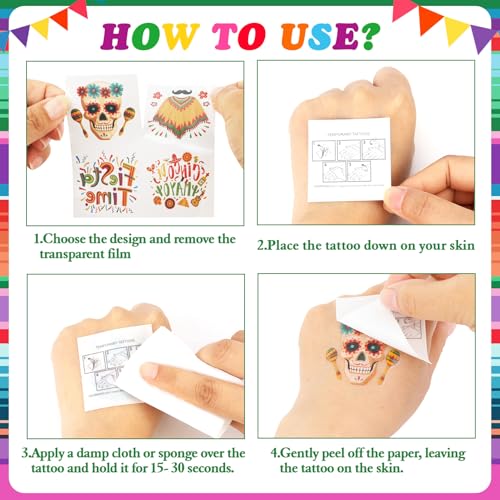 Konsait Cinco de Mayo Temporary Tattoos, 96 Pcs Mexican Fiesta Party Favors
