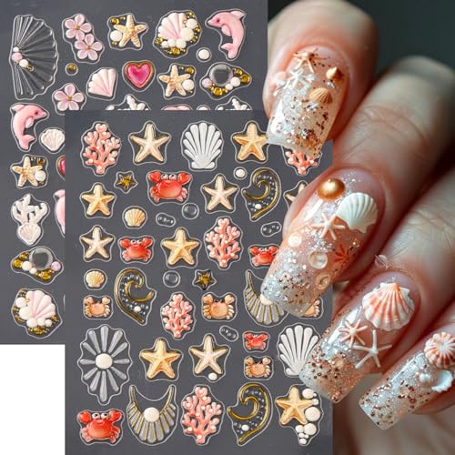 5D Embossed Summer Beach Nail Art Stickers Cute Starfish Crab Decals 2 Sheets