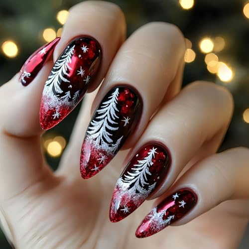 Christmas Press on Nails Medium Almond Fake Nails with Glitter Trees
