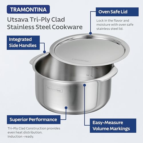 Tramontina Utsava 3.4-Quart Tri-Ply Clad Stainless Steel Tope with Lid, Patila Pot for Indian Cooking