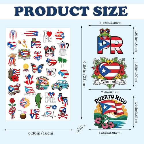 Puerto Rico Temporary Tattoos - 200+ Flag & Cultural Designs, 8 Sheets