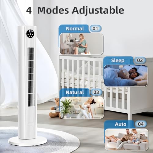 Antarctic Star Tower Fan Portable Floor Fans 85°Oscillating Fan Quiet Cooling 12H Timer Remote Control Standing Bladeless Electric 3 Wind Speeds 4 Modes Bedroom Office,36 inch, White