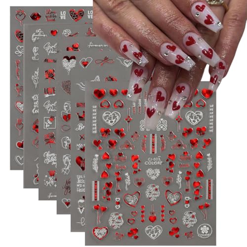 Valentine Heart Nail Stickers 3D Self Adhesive Red Heart Decals 6 Sheets