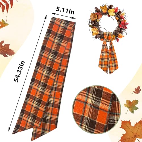 Dark Orange Buffalo Plaid Wreath Sash, 54-Inch Seasonal Fall Ribbon Tie