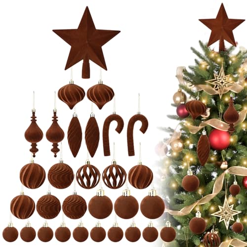 Brown Velvet Star Christmas Tree Topper & Ornaments Set, 30 Pieces